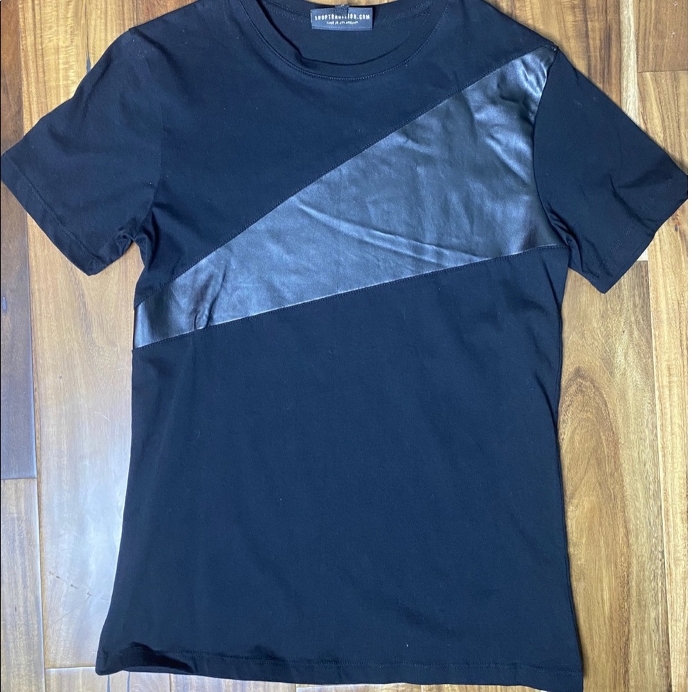 Tradition Black Leather Stripe Tee sz S **BRAND NEW (faux leather)